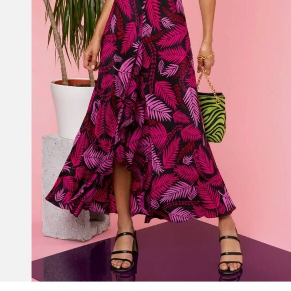 RIXO Antoinette Pink Palm Print Frilly Sleeve 100% Silk Midi Dress (Size S/P) - Picture 15 of 16